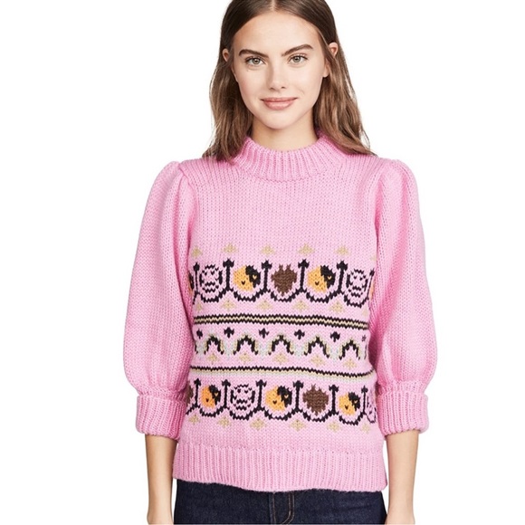 Ganni Hand Knit Pink Wool Puff Sleeve Sweater - Picture 2 of 10